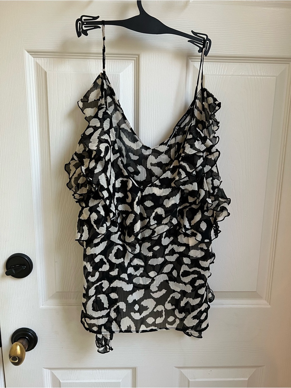 Zara Black & White Leopard-Print Ruffle Camisole